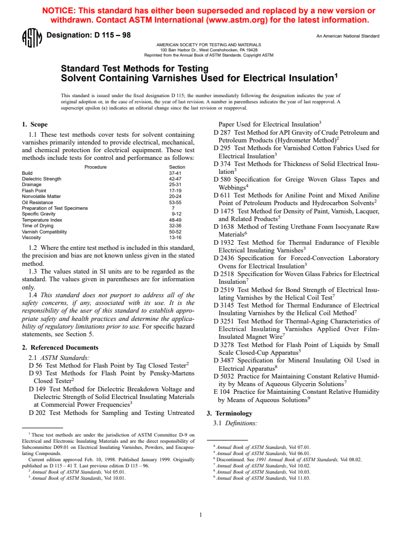 ASTM D115-98 - Standard Test Methods for Testing Solvent Containing Varnishes Used for Electrical Insulation