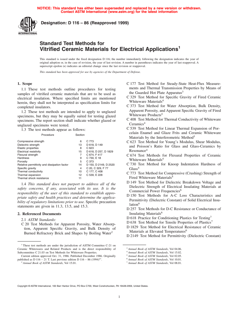 ASTM D116-86(1999) - Standard Test Methods for Vitrified Ceramic Materials for Electrical Applications