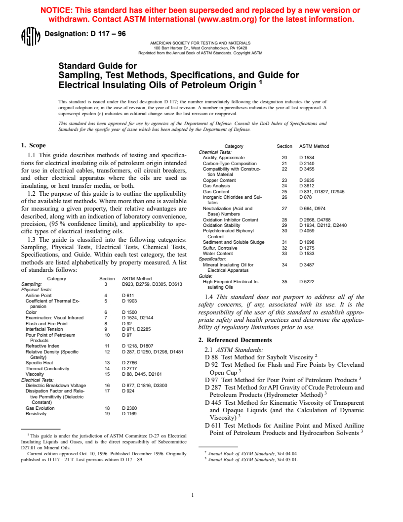 ASTM D117-96 - Standard Guide for Sampling, Test Methods, Specifications, and Guide for Electrical Insulating Oils of Petroleum Origin