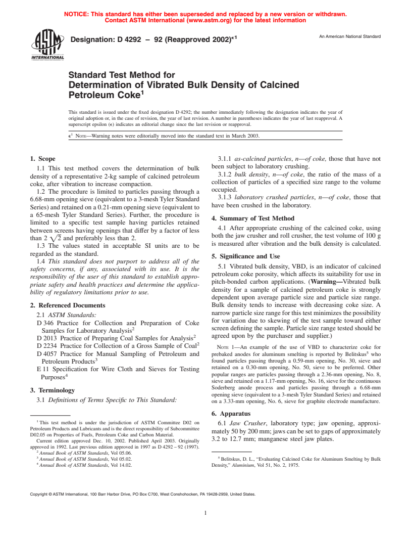 ASTM D4292-92(2002)e1 - Standard Test Method for Determination of Vibrated Bulk Density of Calcined Petroleum Coke