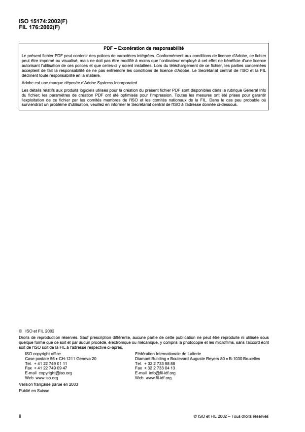 ISO 15174:2002 ISO 15174:2002 - Lait et produits laitiers -- Coagulants microbiens -- Détermination de l'activité totale de coagulation du lait - Page 2 preview