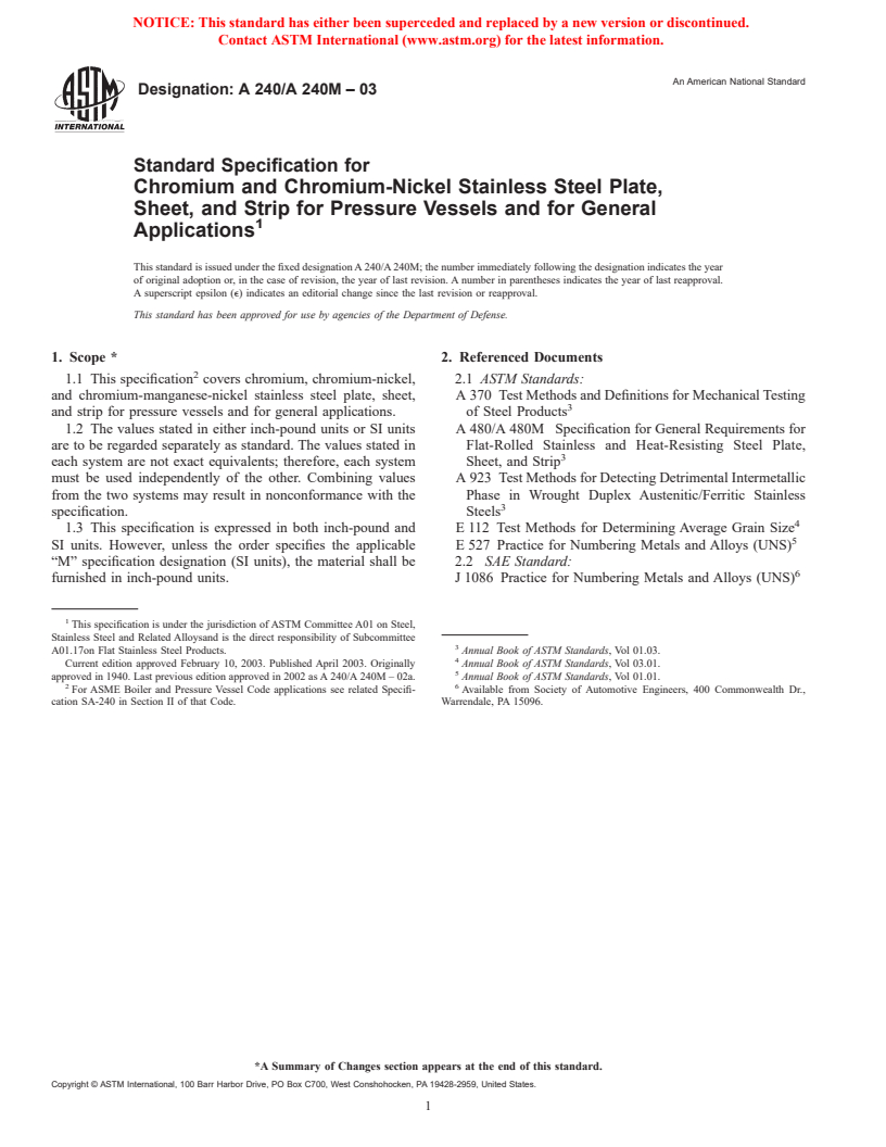 ASTM A240/A240M-03 - Standard Specification For Chromium And Chromium ...