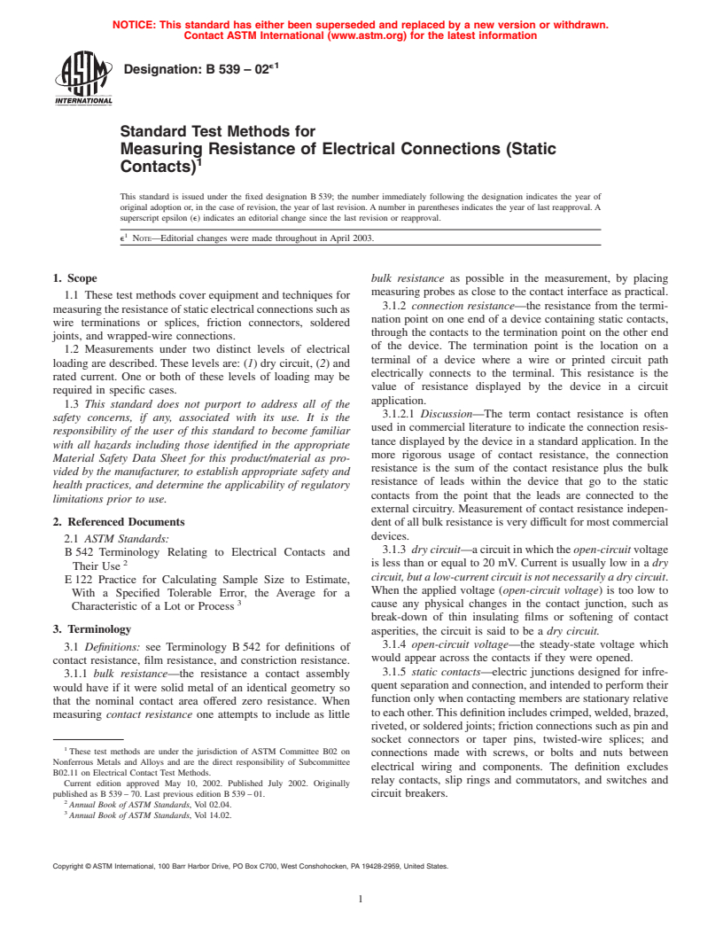 ASTM B539-02e1 - Standard Test Methods for Measuring Resistance of Electrical Connections (Static Contacts)