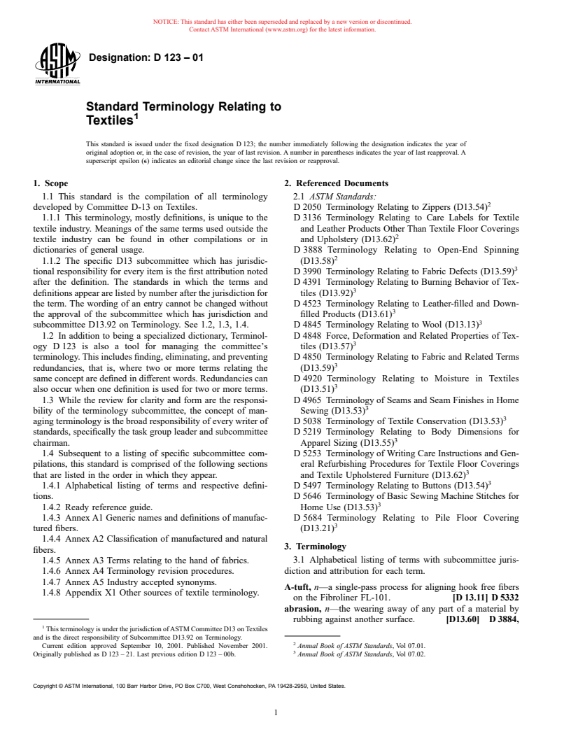 ASTM D123-01 - Standard Terminology Relating to Textiles