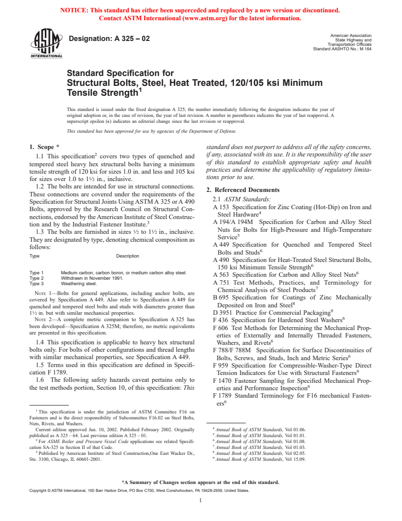 ASTM A325-02 - Standard Specification for Structural Bolts, Steel, Heat Treated, 120/105 ksi Minimum Tensile Strength