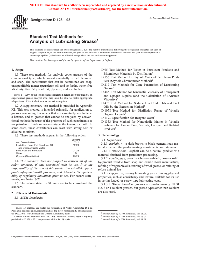 ASTM D128-98 - Standard Test Methods for Analysis of Lubricating Grease