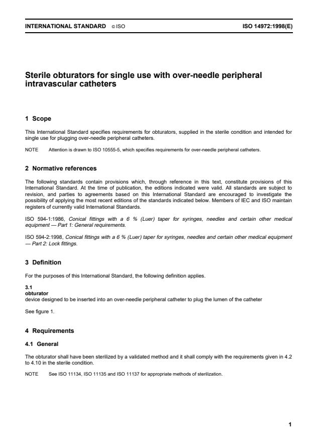 ISO 14972:1998 - Sterile obturators for single use with over-needle peripheral intravascular catheters