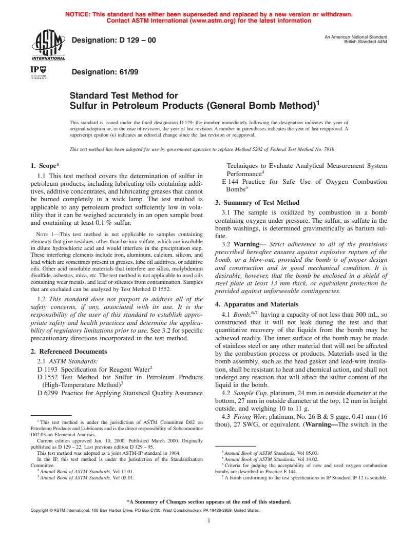 ASTM D129-00 - Standard Test Method for Sulfur in Petroleum Products (General Bomb Method)