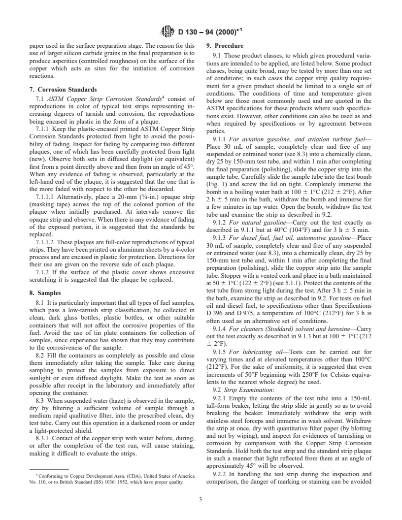 ASTM D130-94(2000)e1 - Standard Test Method for Detection of Copper Corrosion from Petroleum Products by the Copper Strip Tarnish Test