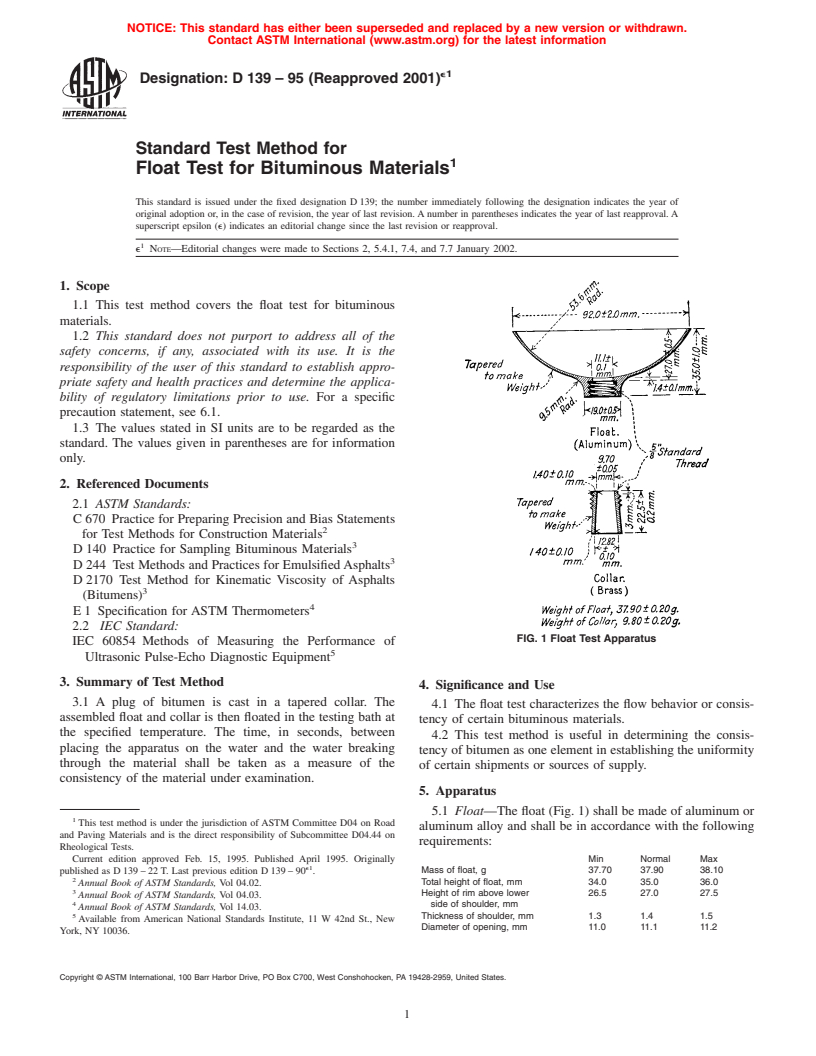 ASTM D139-95(2001)e1 - Standard Test Method for Float Test for Bituminous Materials