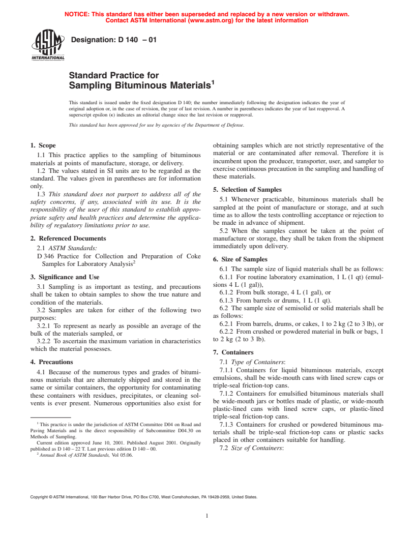 ASTM D140-01 - Standard Practice for Sampling Bituminous Materials