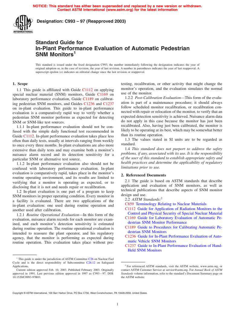 ASTM C993-97(2003) - Standard Guide for In-Plant Performance Evaluation of Automatic Pedestrian SNM Monitors