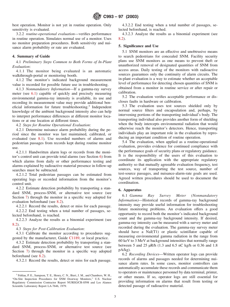 ASTM C993-97(2003) - Standard Guide for In-Plant Performance Evaluation of Automatic Pedestrian SNM Monitors