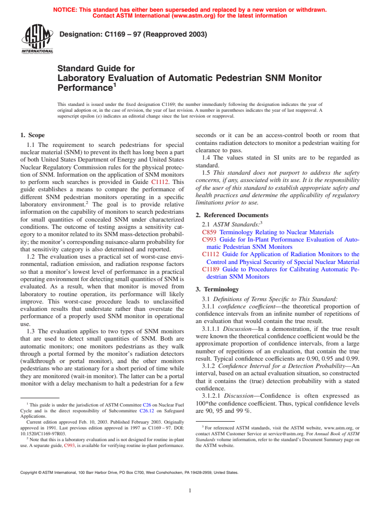 ASTM C1169-97(2003) - Standard Guide for Laboratory Evaluation of Automatic Pedestrian SNM Monitor Performance