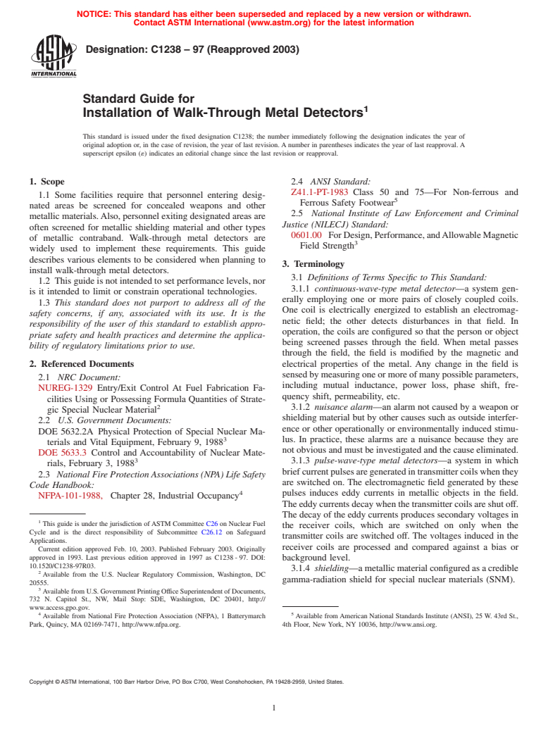 ASTM C1238-97(2003) - Standard Guide for Installation of Walk-Through Metal Detectors