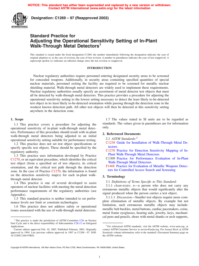 ASTM C1269-97(2003) - Standard Practice for Adjusting the Operational Sensitivity Setting of In-Plant Walk-Through Metal Detectors