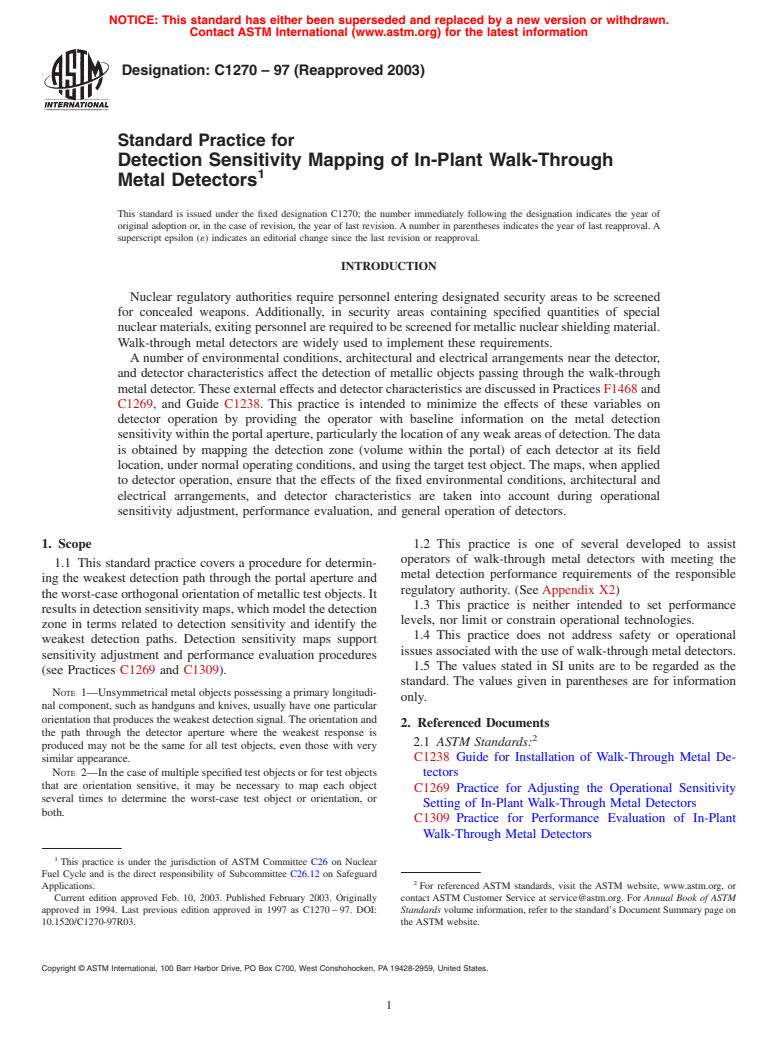 ASTM C1270-97(2003) - Standard Practice for Detection Sensitivity Mapping of In-Plant Walk-Through Metal Detectors