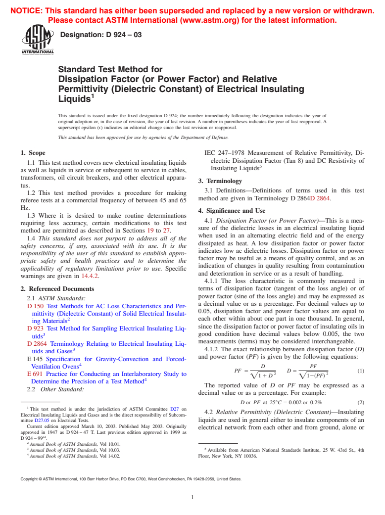 ASTM D924-03 - Standard Test Method for Dissipation Factor (or Power Factor) and Relative Permittivity (Dielectric Constant) of Electrical Insulating Liquids