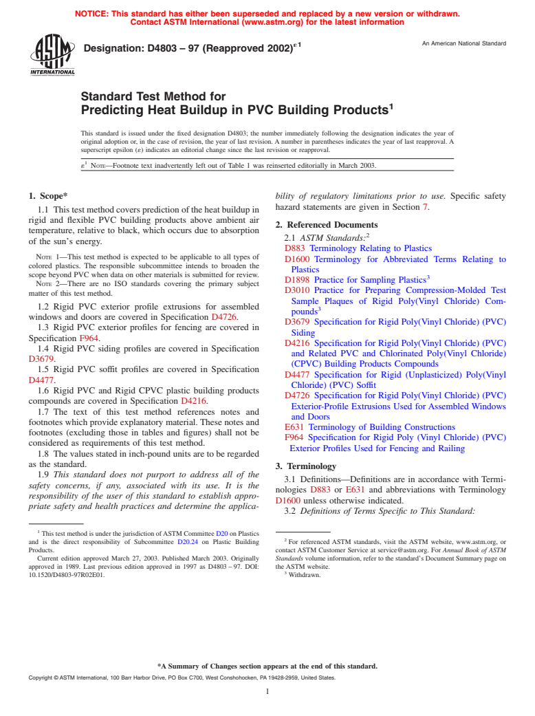 ASTM D4803-97(2002)e1 - Standard Test Method for Predicting Heat Buildup in PVC Building Products