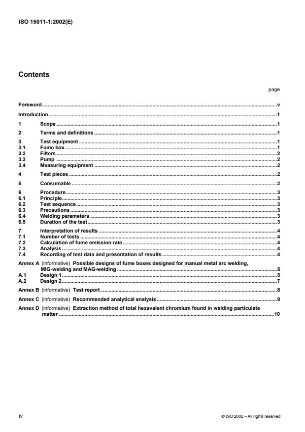 ISO 15011-1:2002 ISO 15011-1:2002 - Health and safety in welding and allied processes -- Laboratory method for sampling fume and gases generated by arc welding - Page 4 preview