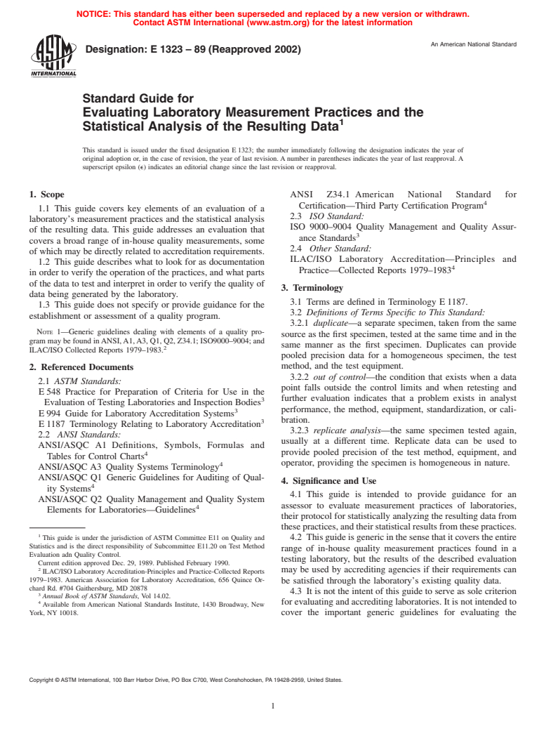 ASTM E1323-89(2002) - Standard Guide for Evaluating Laboratory Measurement Practices and the Statistical Analysis of the Resulting Data