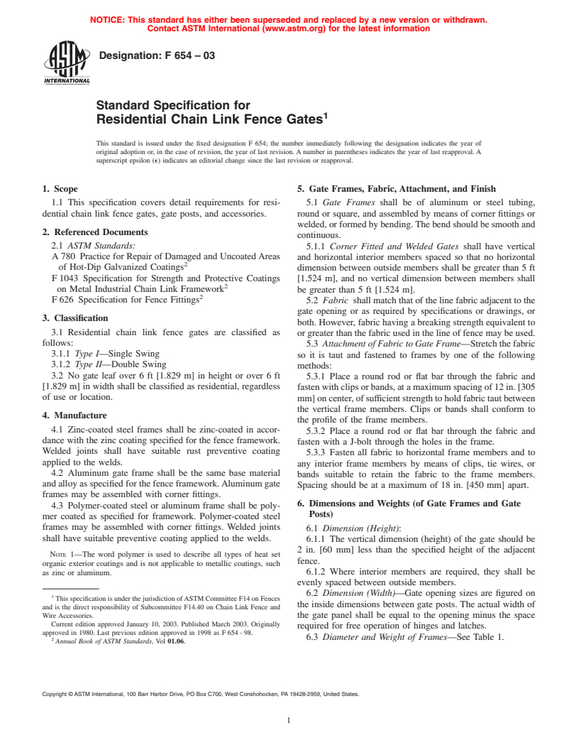 ASTM F654-03 - Standard Specification for Residential Chain Link Fence Gates