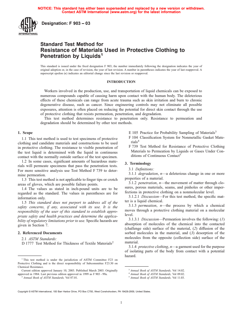 ASTM F903-03 - Standard Test Method for Resistance of Materials Used in Protective Clothing to Penetration by Liquids