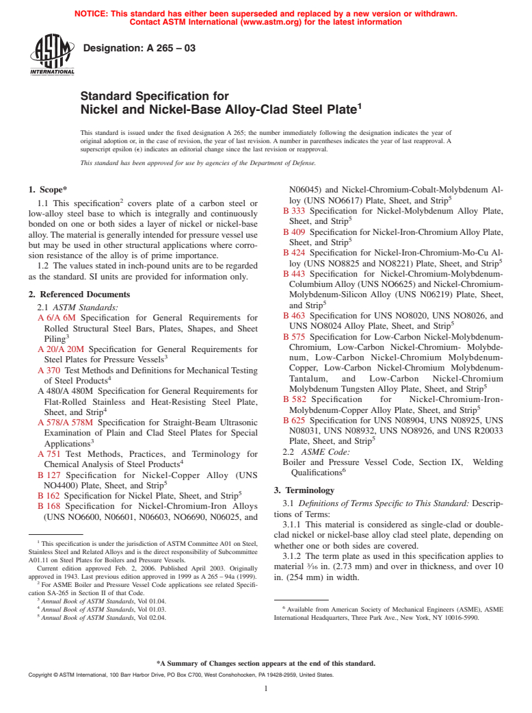 ASTM A265-03 - Standard Specification for Nickel and Nickel-Base Alloy-Clad Steel Plate