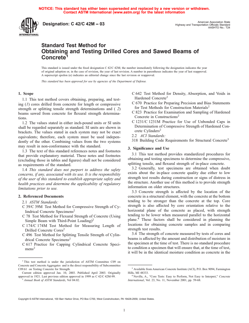 ASTM C42/C42M-03 - Standard Test Method for Obtaining and Testing Drilled Cores and Sawed Beams of Concrete