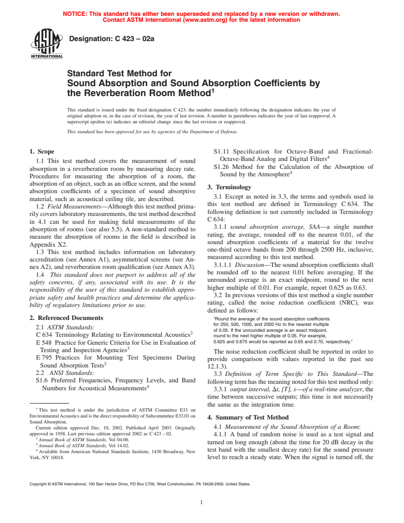 ASTM C423-02a - Standard Test Method for Sound Absorption and Sound Absorption Coefficients by the Reverberation Room Method