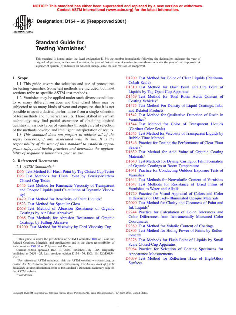 ASTM D154-85(2001) - Standard Guide for Testing Varnishes