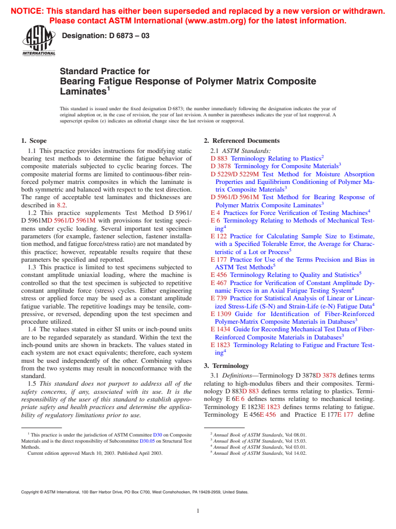 ASTM D6873-03 - Standard Practice for Bearing Fatigue Response of Polymer Matrix Composite Laminates