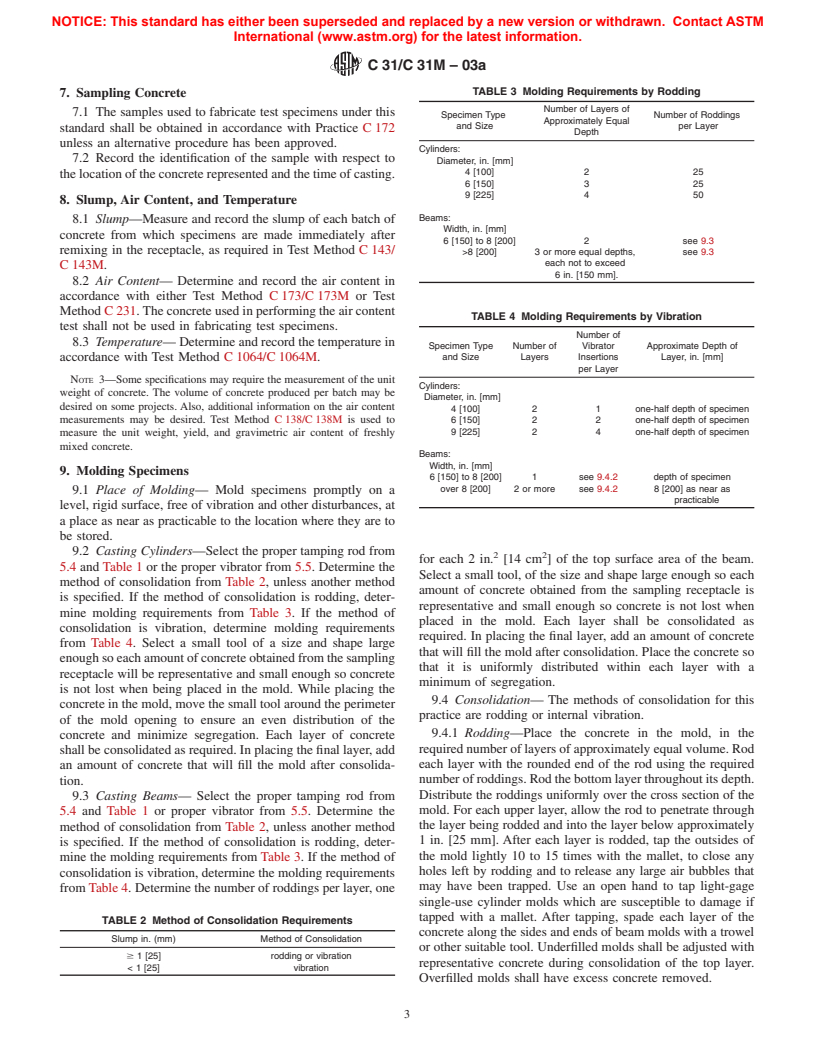 ASTM C31/C31M-03a - Standard Practice for Making and Curing Concrete Test Specimens in the Field