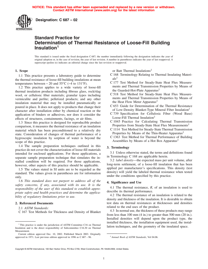 ASTM C687-02 - Standard Practice for Determination of Thermal Resistance of Loose-Fill Building Insulation