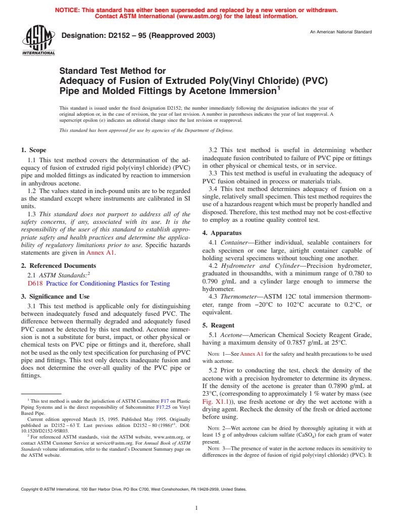 ASTM D2152-95(2003) - Standard Test Method for Adequacy of Fusion of Extruded Poly(Vinyl Chloride) (PVC) Pipe and Molded Fittings by Acetone Immersion