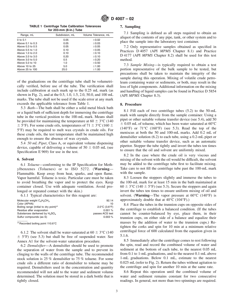 ASTM D4007-02 - Standard Test Method for Water and Sediment in Crude Oil by the Centrifuge Method (Laboratory Procedure)