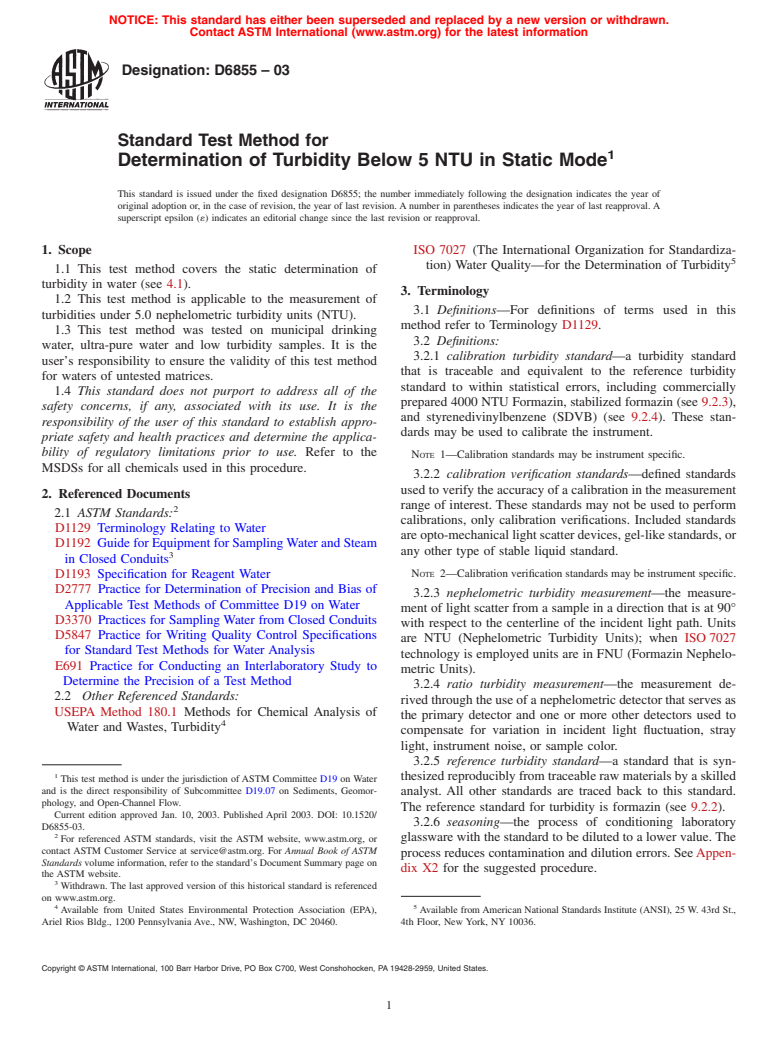 ASTM D6855-03 - Standard Test Method for Determination of Turbidity Below 5 NTU in Static Mode
