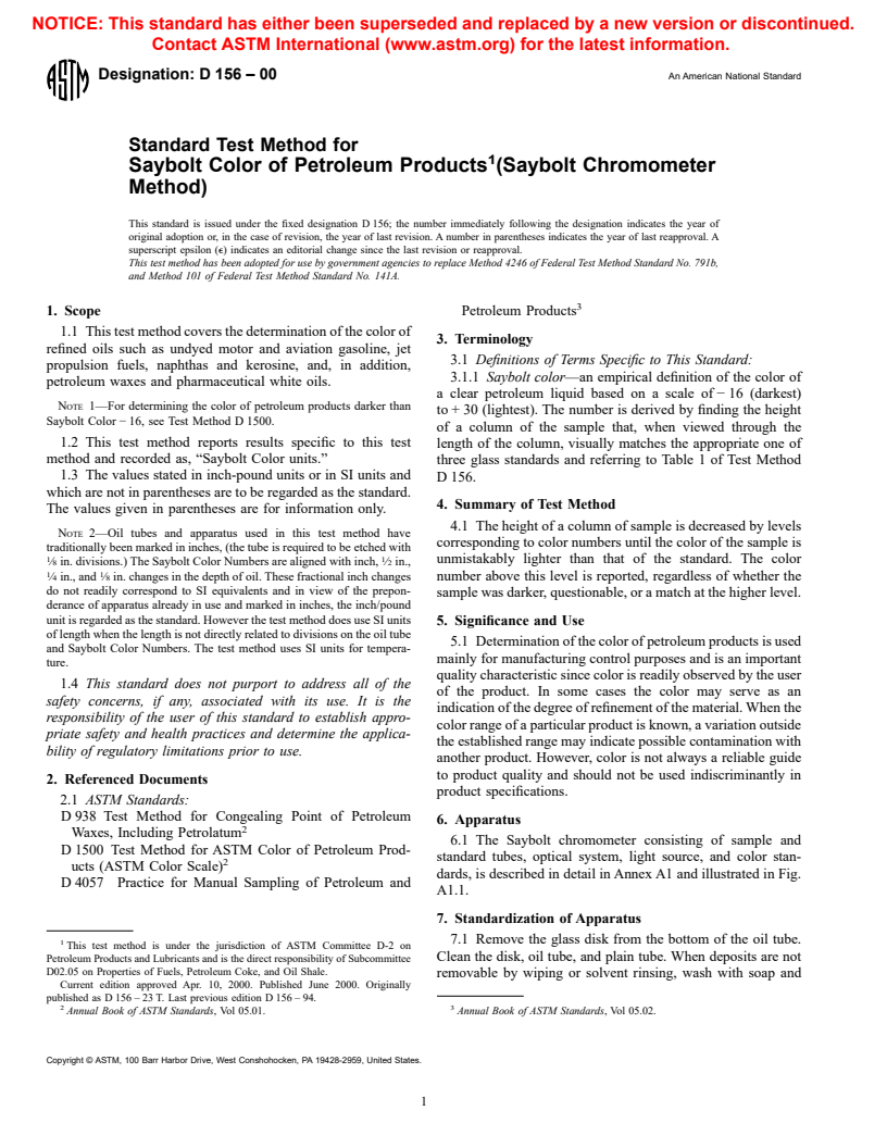 ASTM D156-00 - Standard Test Method for Saybolt Color of Petroleum Products (Saybolt Chromometer Method)