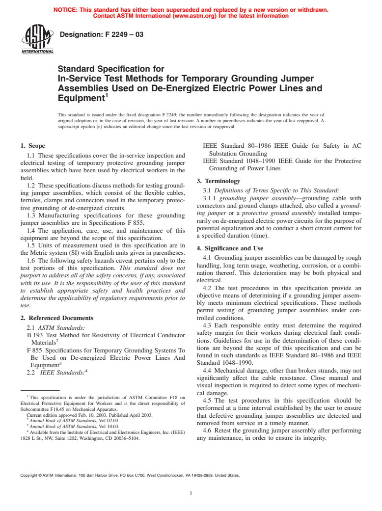 ASTM F2249-03 - Standard Specification for In-Service Test Methods for Temporary Grounding Jumper Assemblies Used on De-Energized Electric Power Lines and Equipment