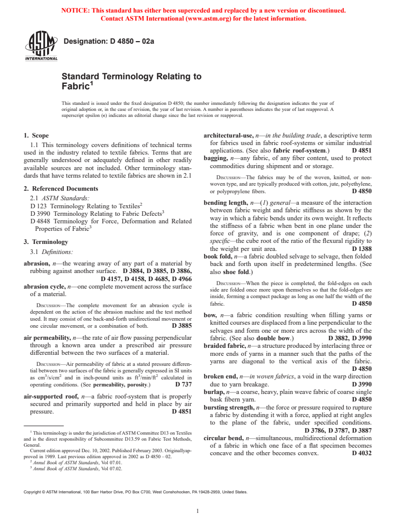 ASTM D4850-02a - Standard Terminology Relating to Fabric