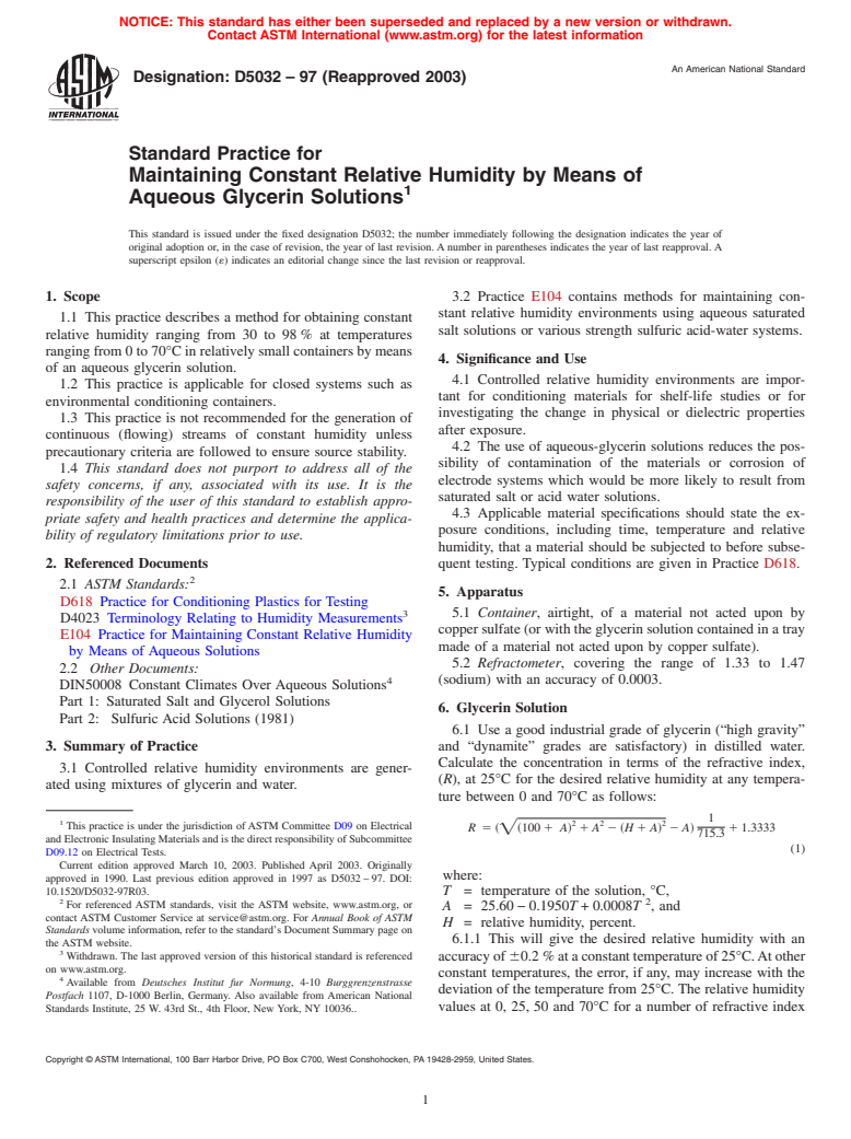 ASTM D5032-97(2003) - Standard Practice for Maintaining Constant Relative Humidity by Means of Aqueous Glycerin Solutions