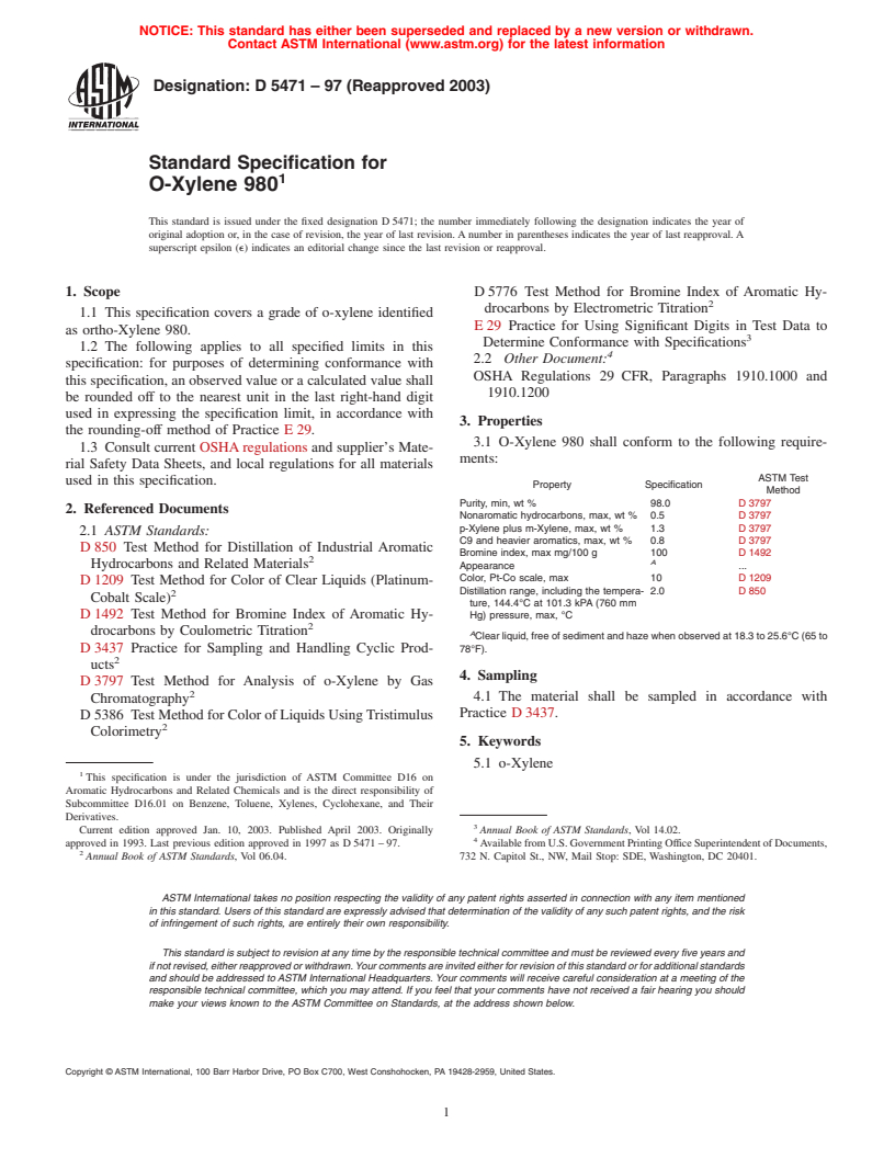 ASTM D5471-97(2003) - Standard Specification for O-Xylene 980