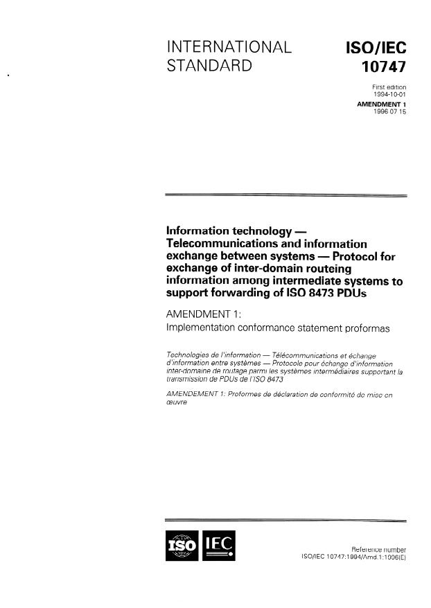 ISO/IEC 10747:1994/Amd 1:1996 - Implementation conformance statement proformas
