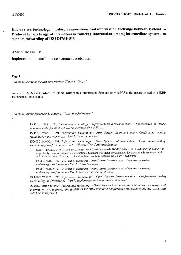 ISO/IEC 10747:1994/Amd 1:1996 - Implementation conformance statement proformas
