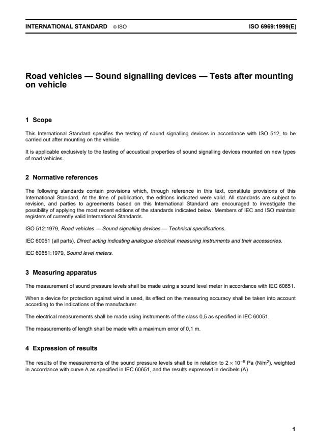 ISO 6969:1999 - Road vehicles -- Sound signalling devices -- Tests after mounting on vehicle