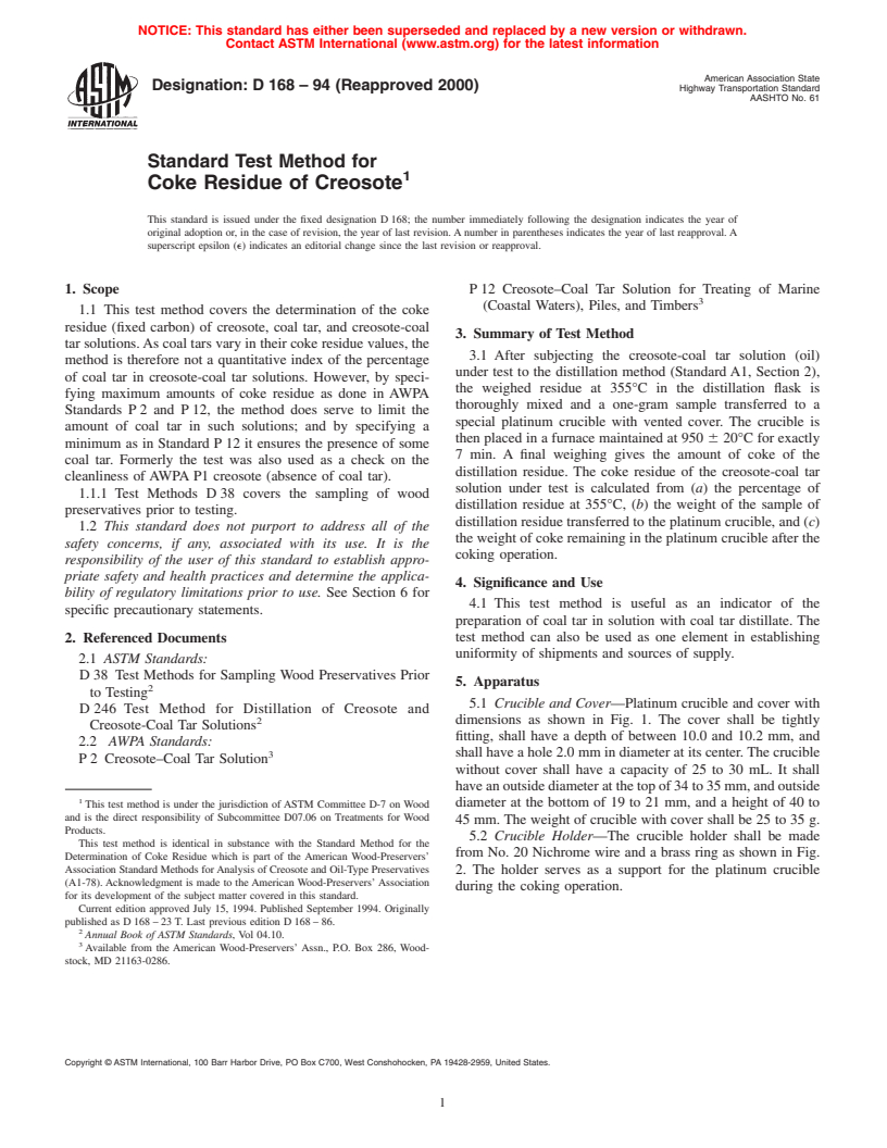 ASTM D168-94(2000) - Standard Test Method for Coke Residue of Creosote (Withdrawn 2006)