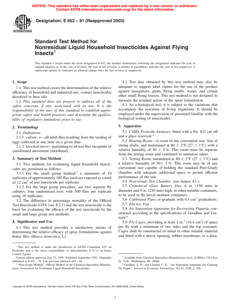 ASTM E652-91(2003) - Standard Test Method for Nonresidual Liquid Household Insecticides Against Flying Insects