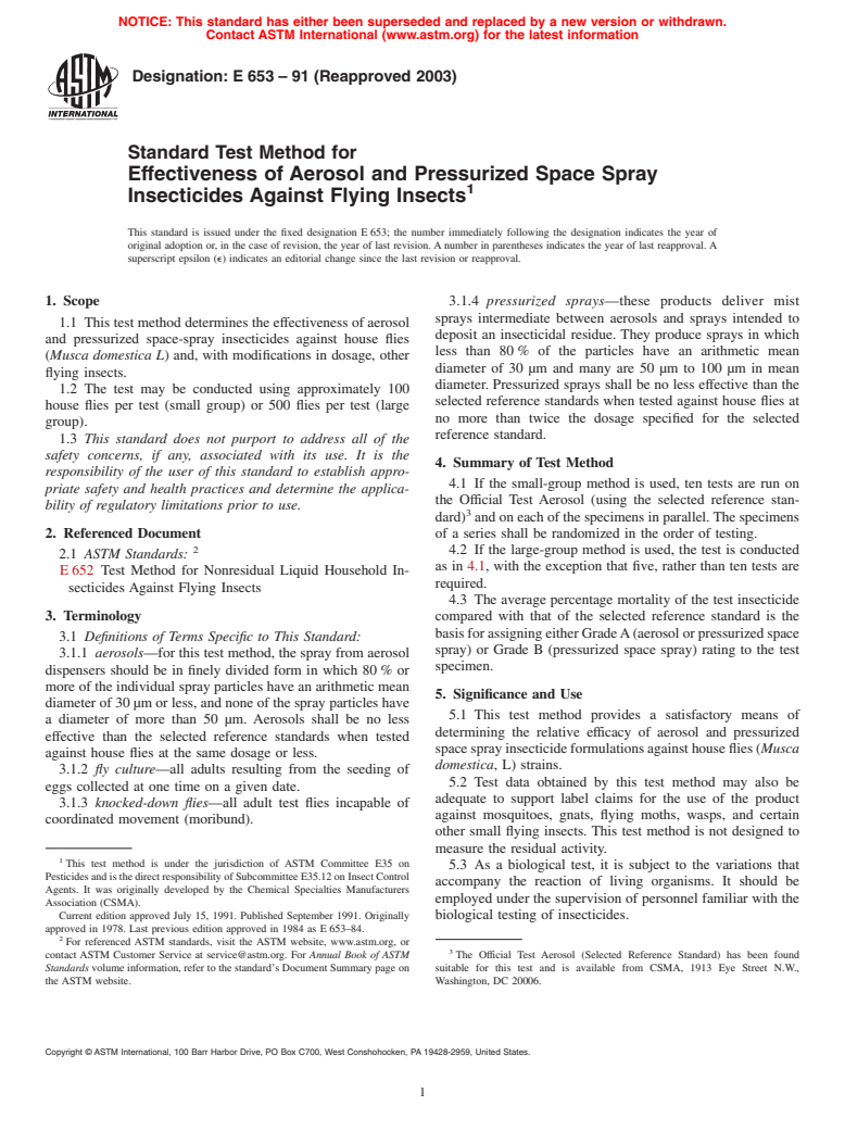 ASTM E653-91(2003) - Standard Test Method for Effectiveness of Aerosol and Pressurized Space Spray Insecticides Against Flying Insects