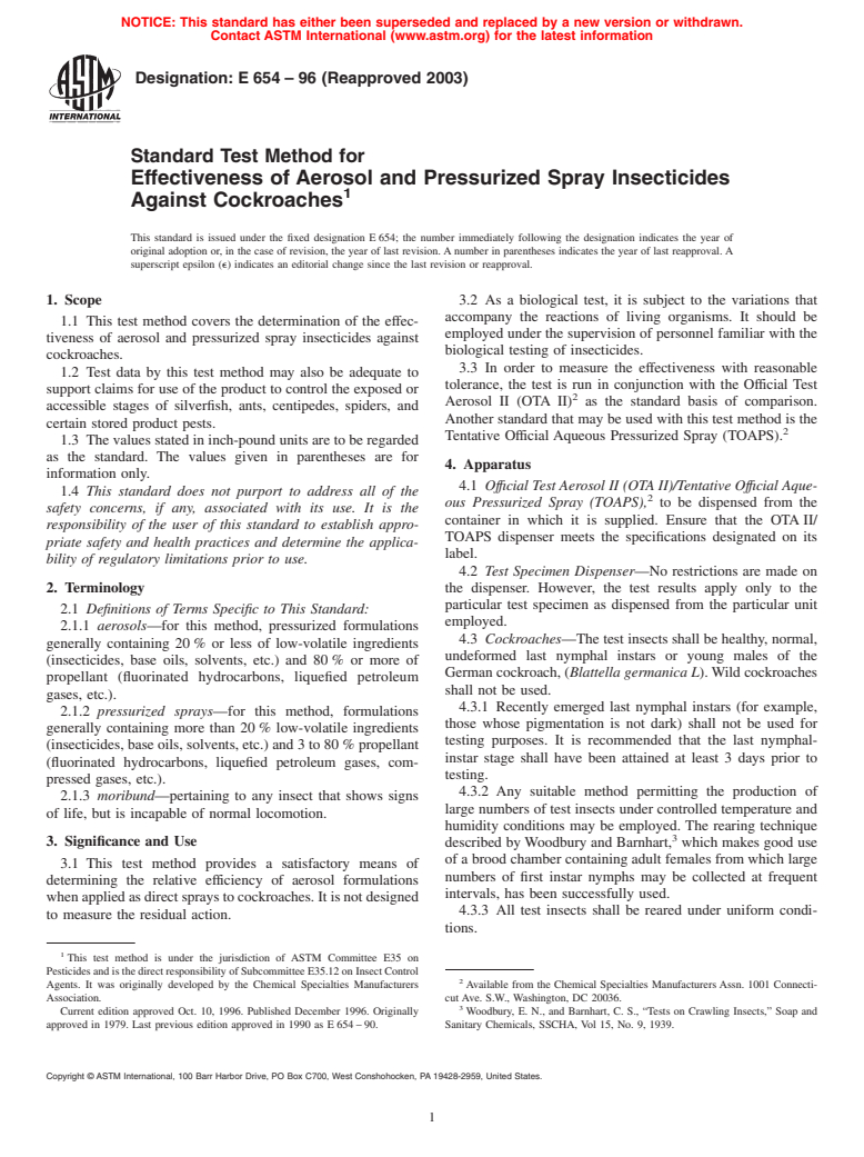 ASTM E654-96(2003) - Standard Test Method for Effectiveness of Aerosol and Pressurized Spray Insecticides Against Cockroaches