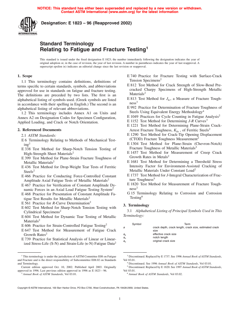 ASTM E1823-96(2002) - Standard Terminology Relating to Fatigue and Fracture Testing